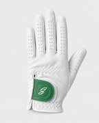 Guante de golf Bermuda blanco con cierre verde, vista completa sin mano