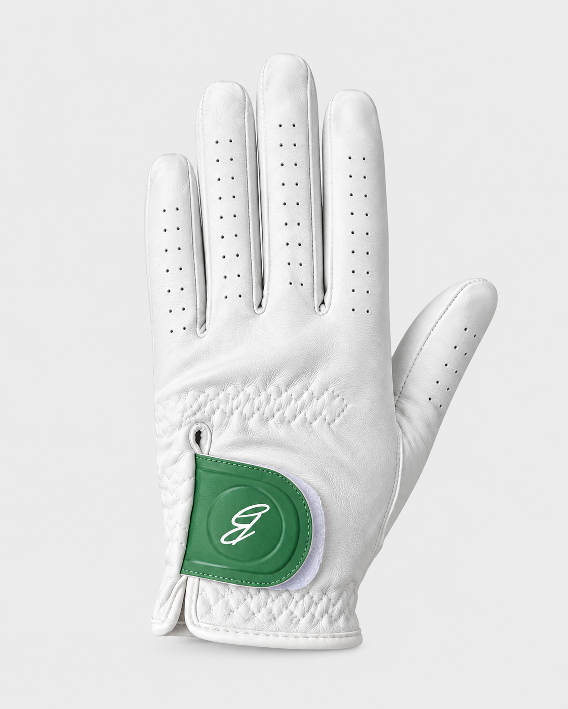 Guante de golf Bermuda blanco con cierre verde, vista completa sin mano